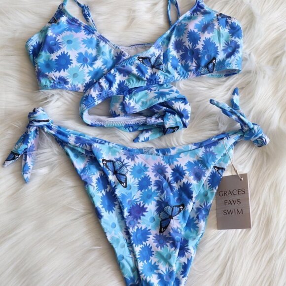 NEW White Blue Butterfly Floral Bikini Swim Set Size Large - Picture 6 of 11